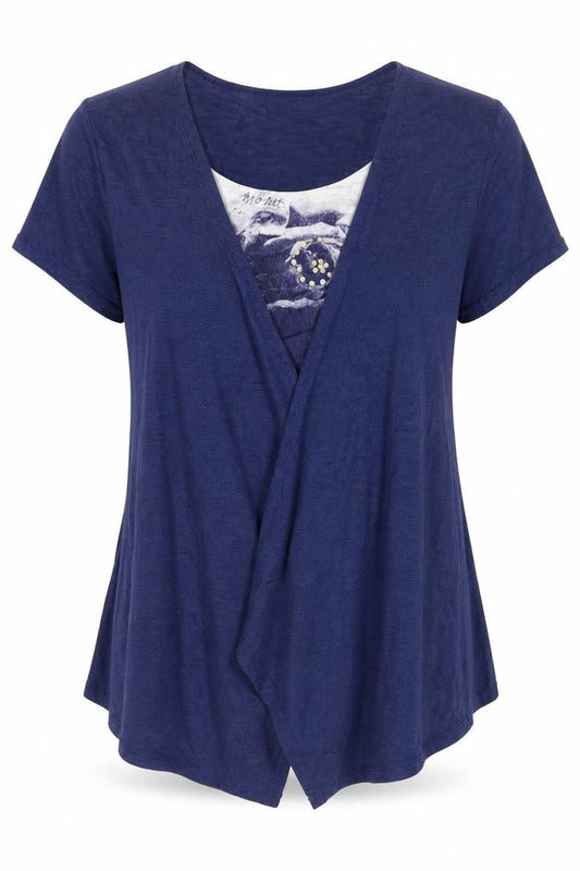 Soon Women Blue Size 18 Open Front Short Sleeve Graphic Cardigan