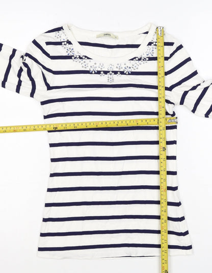 Oasis Women White Navy Striped XS Jersey Long Sleeve Rhinestone T-Shirt