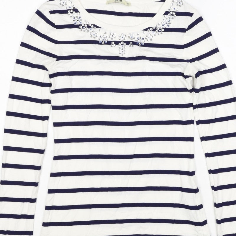 Oasis Women White Navy Striped XS Jersey Long Sleeve Rhinestone T-Shirt
