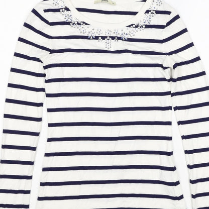 Oasis Women White Navy Striped XS Jersey Long Sleeve Rhinestone T-Shirt