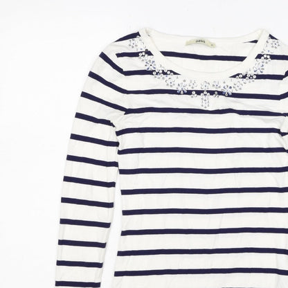 Oasis Women White Navy Striped XS Jersey Long Sleeve Rhinestone T-Shirt