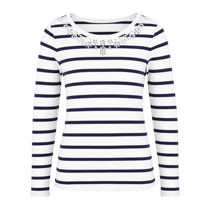 Oasis Women White Navy Striped XS Jersey Long Sleeve Rhinestone T-Shirt