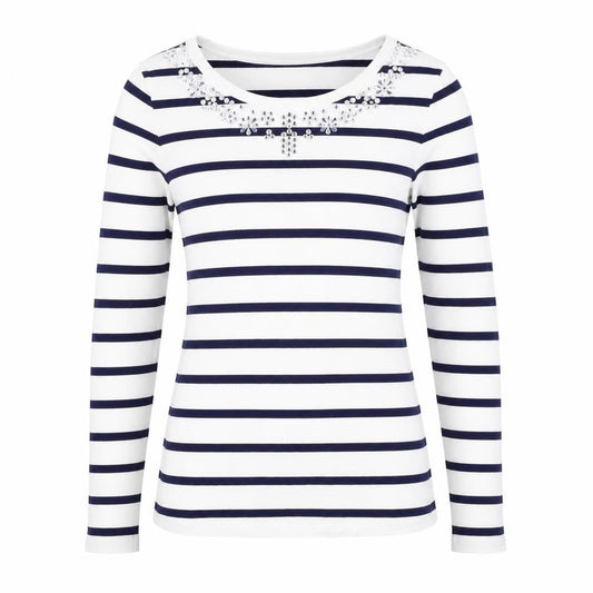 Oasis Women White Navy Striped XS Jersey Long Sleeve Rhinestone T-Shirt