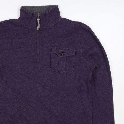 Tommy Hilfiger Men Purple S 1/4 Zip High Neck Cotton Blend Sweatshirt