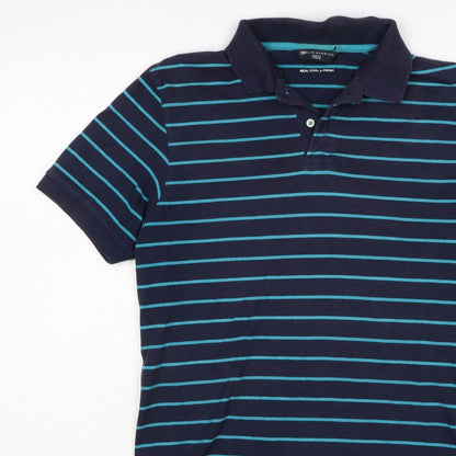 Additional view of Blue Harbour M&S Men's Blue Striped Small Short Sleeve Cotton Polo