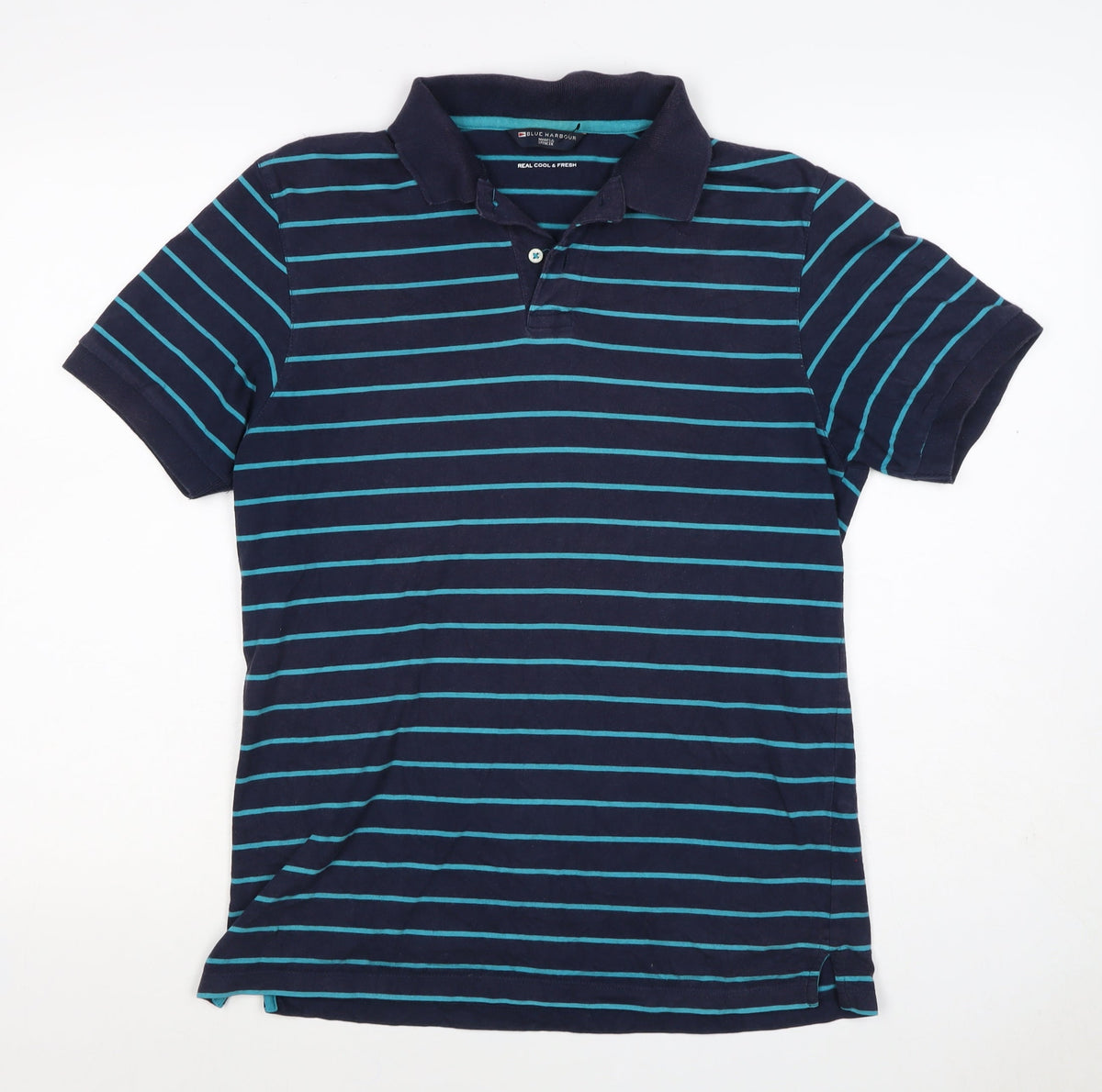 Back view of Blue Harbour M&S Men's Blue Striped Small Short Sleeve Cotton Polo