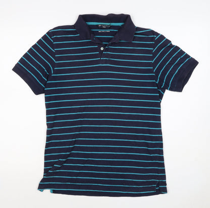 Back view of Blue Harbour M&S Men's Blue Striped Small Short Sleeve Cotton Polo
