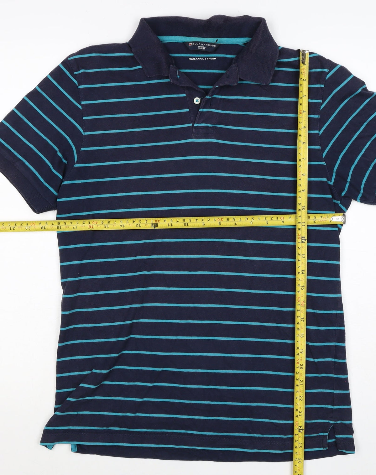 Brand and care label for Blue Harbour M&S Men's Blue Striped Small Short Sleeve Cotton Polo