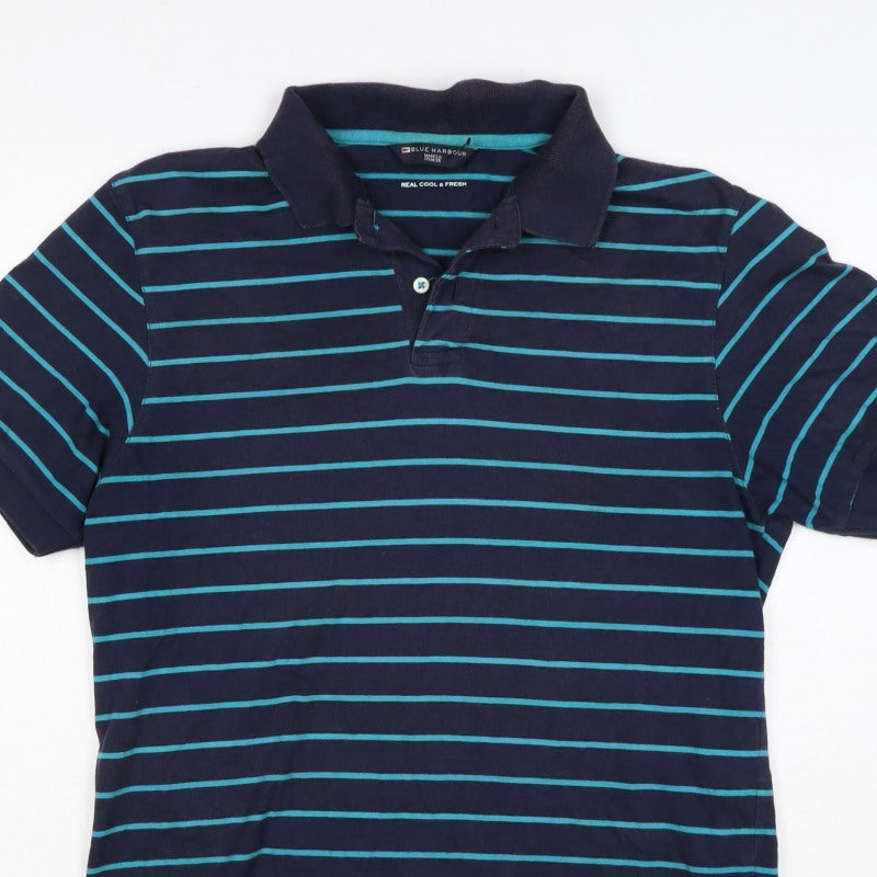 Additional view of Blue Harbour M&S Men's Blue Striped Small Short Sleeve Cotton Polo