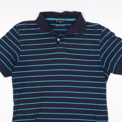 Additional view of Blue Harbour M&S Men's Blue Striped Small Short Sleeve Cotton Polo