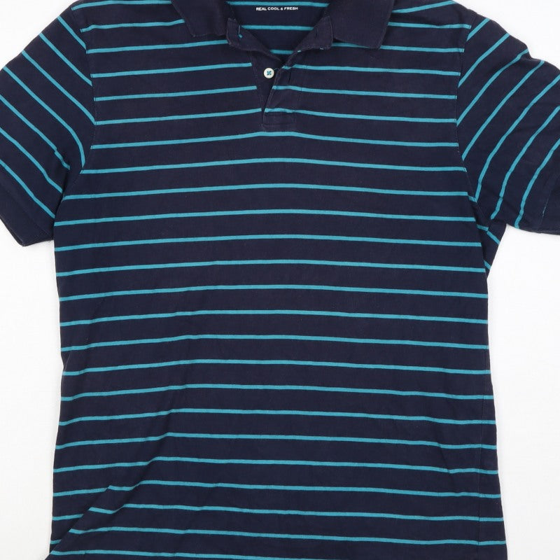 Additional view of Blue Harbour M&S Men's Blue Striped Small Short Sleeve Cotton Polo