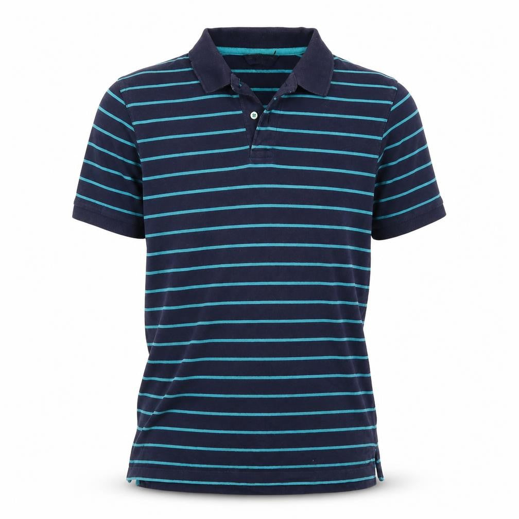 Front view of Blue Harbour M&S Men's Blue Striped Small Short Sleeve Cotton Polo