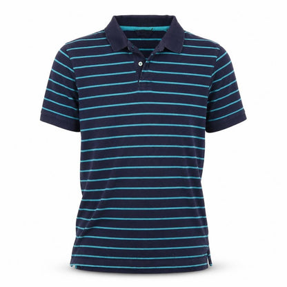 Front view of Blue Harbour M&S Men's Blue Striped Small Short Sleeve Cotton Polo