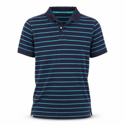Front view of Blue Harbour M&S Men's Blue Striped Small Short Sleeve Cotton Polo