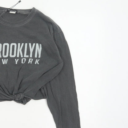 PrettyLittleThing Women’s Grey M Cropped Brooklyn NY Long Sleeve T-Shirt