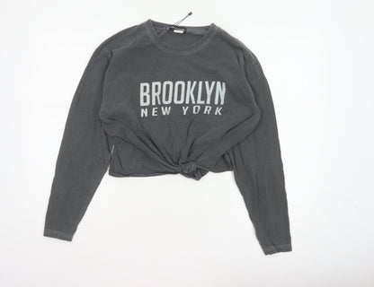 PrettyLittleThing Women’s Grey M Cropped Brooklyn NY Long Sleeve T-Shirt