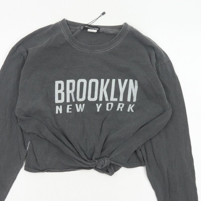 PrettyLittleThing Women’s Grey M Cropped Brooklyn NY Long Sleeve T-Shirt