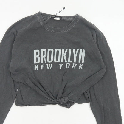 PrettyLittleThing Women’s Grey M Cropped Brooklyn NY Long Sleeve T-Shirt