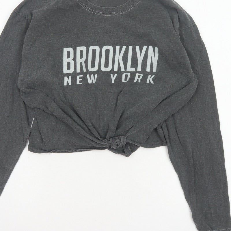 PrettyLittleThing Women’s Grey M Cropped Brooklyn NY Long Sleeve T-Shirt