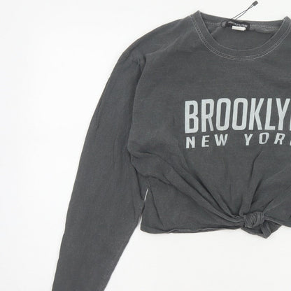PrettyLittleThing Women’s Grey M Cropped Brooklyn NY Long Sleeve T-Shirt