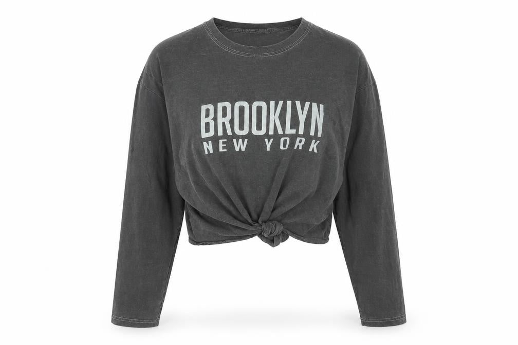PrettyLittleThing Women’s Grey M Cropped Brooklyn NY Long Sleeve T-Shirt
