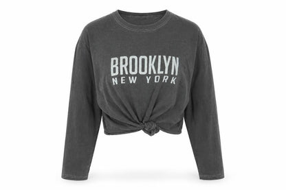 PrettyLittleThing Women’s Grey M Cropped Brooklyn NY Long Sleeve T-Shirt