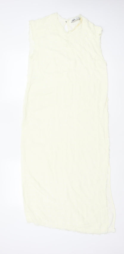 Zara Women Ivory XS Long Sheath Dress Sleeveless Frayed Trim