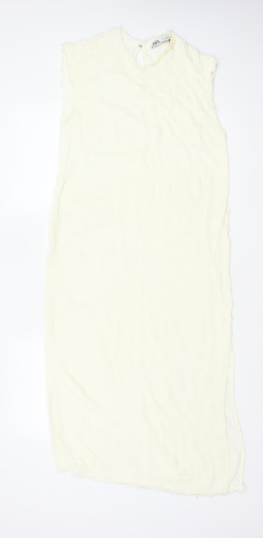 Zara Women Ivory XS Long Sheath Dress Sleeveless Frayed Trim