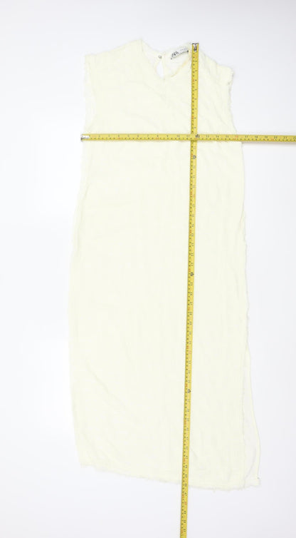 Zara Women Ivory XS Long Sheath Dress Sleeveless Frayed Trim