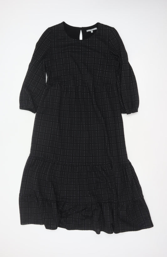 Oliver Bonas Women Black UK 8 Midi Fit & Flare Geometric Ruffle Dress