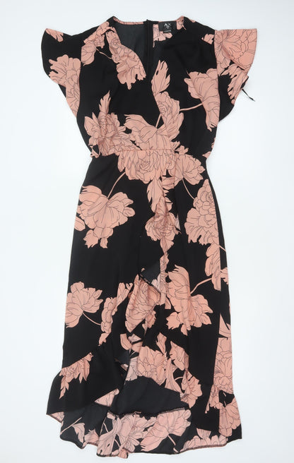 AX Paris Women Black Pink Floral Size 10 Fit & Flare Ruffle Maxi Dress