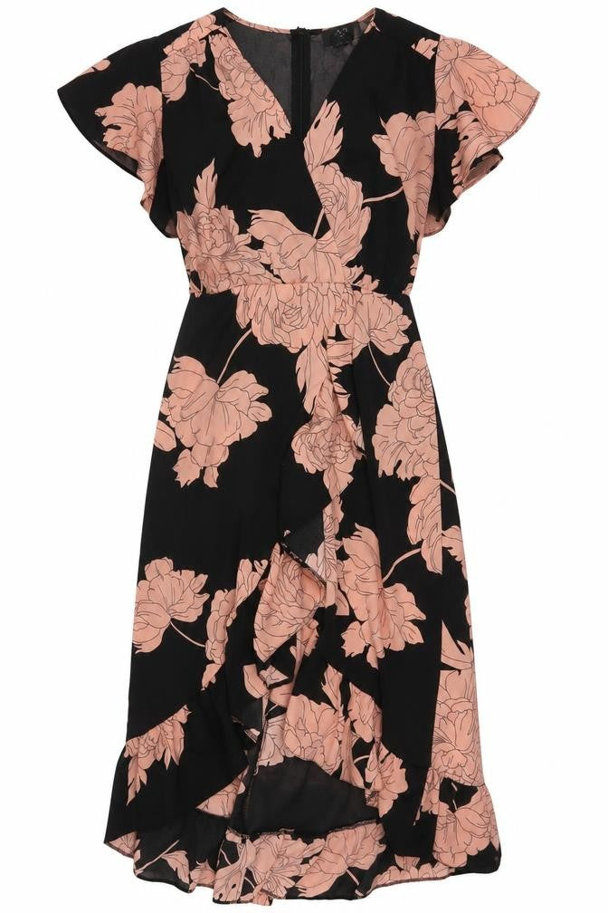 AX Paris Women Black Pink Floral Size 10 Fit & Flare Ruffle Maxi Dress