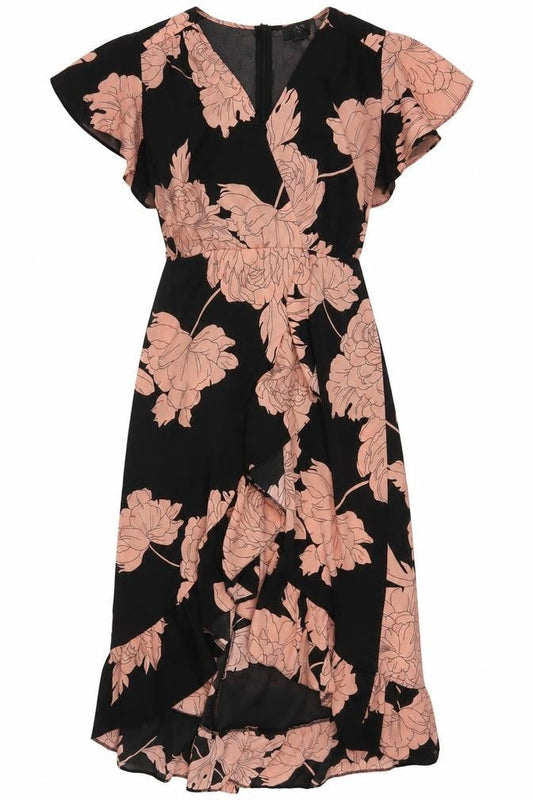AX Paris Women Black Pink Floral Size 10 Fit & Flare Ruffle Maxi Dress