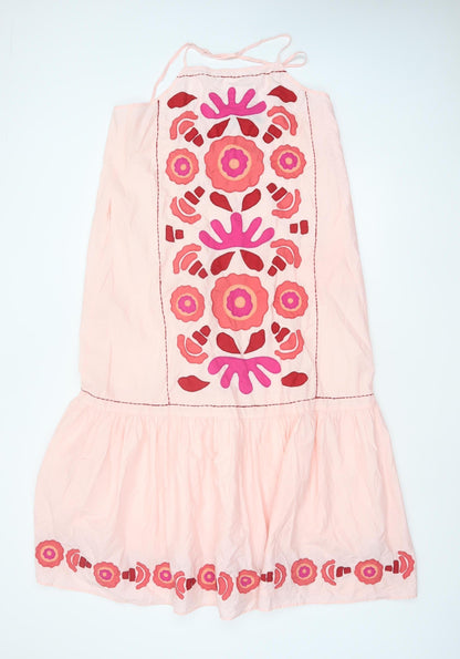 Zara Women Pink M Floral Embroidered Halter A-Line Knee Dress
