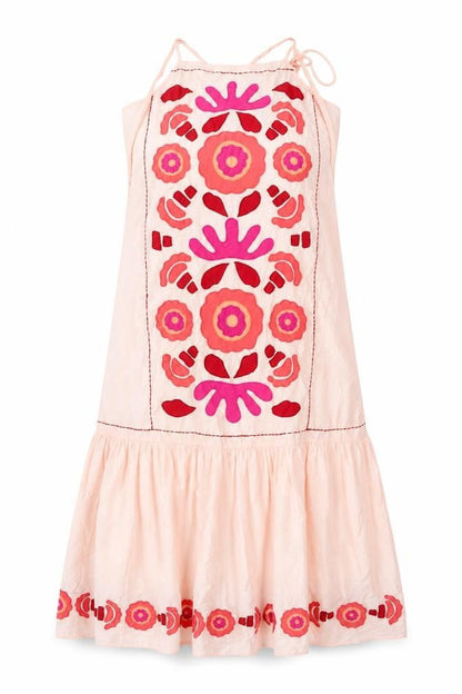 Zara Women Pink M Floral Embroidered Halter A-Line Knee Dress
