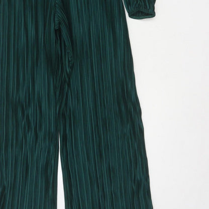 Boohoo Women Green UK 10 Pleated Wide-Leg Belted Jumpsuit