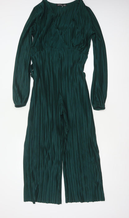 Boohoo Women Green UK 10 Pleated Wide-Leg Belted Jumpsuit