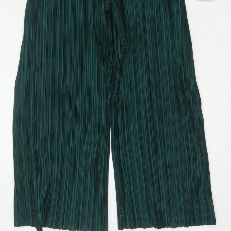 Boohoo Women Green UK 10 Pleated Wide-Leg Belted Jumpsuit