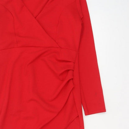 Boohoo Women Red UK 14 Bodycon Wrap Asymmetric Long Sleeve Dress