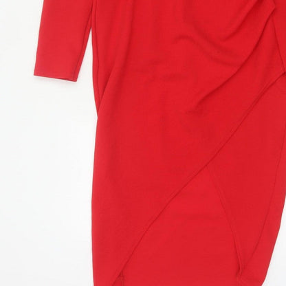 Boohoo Women Red UK 14 Bodycon Wrap Asymmetric Long Sleeve Dress