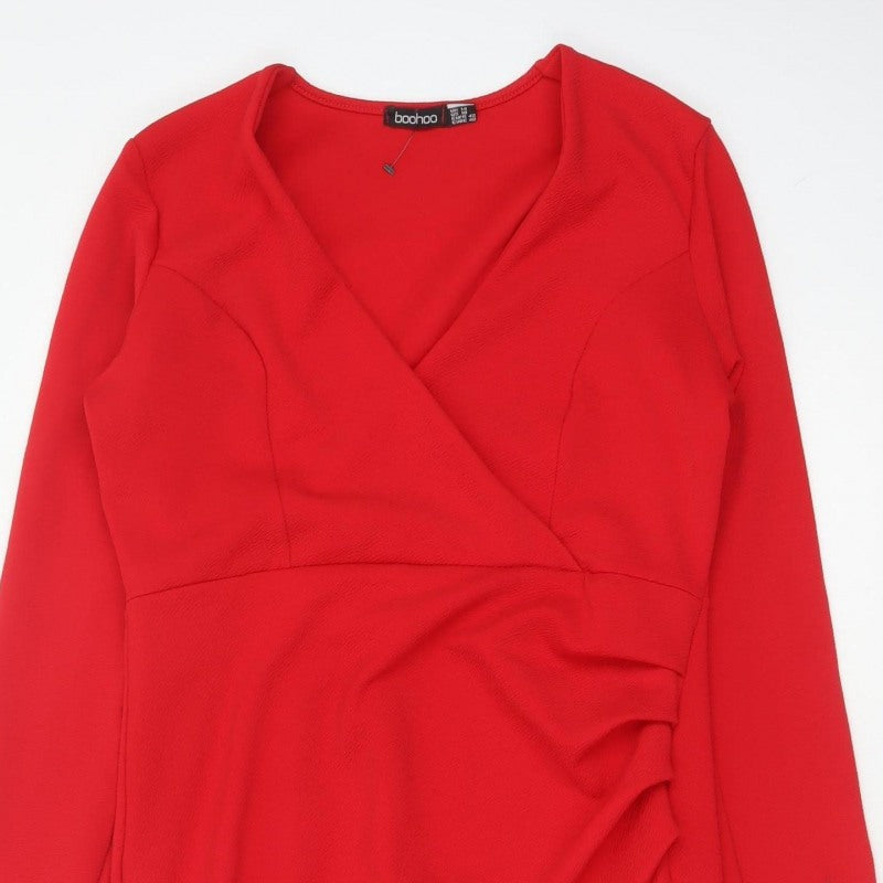 Boohoo Women Red UK 14 Bodycon Wrap Asymmetric Long Sleeve Dress