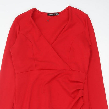 Boohoo Women Red UK 14 Bodycon Wrap Asymmetric Long Sleeve Dress