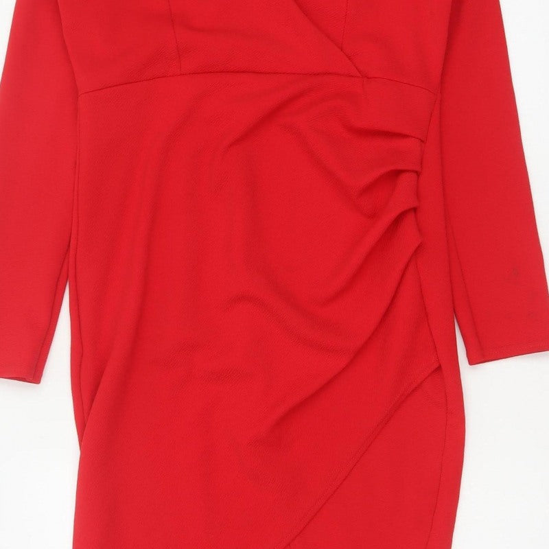 Boohoo Women Red UK 14 Bodycon Wrap Asymmetric Long Sleeve Dress