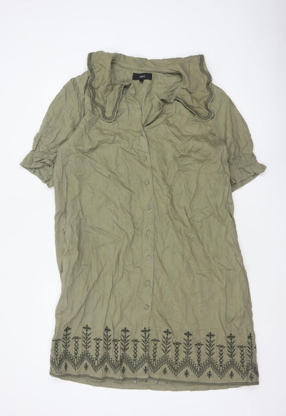 Next Women Green Linen UK 18 Knee Length Shirt Dress Embroidered