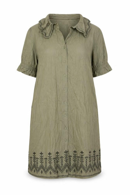 Next Women Green Linen UK 18 Knee Length Shirt Dress Embroidered