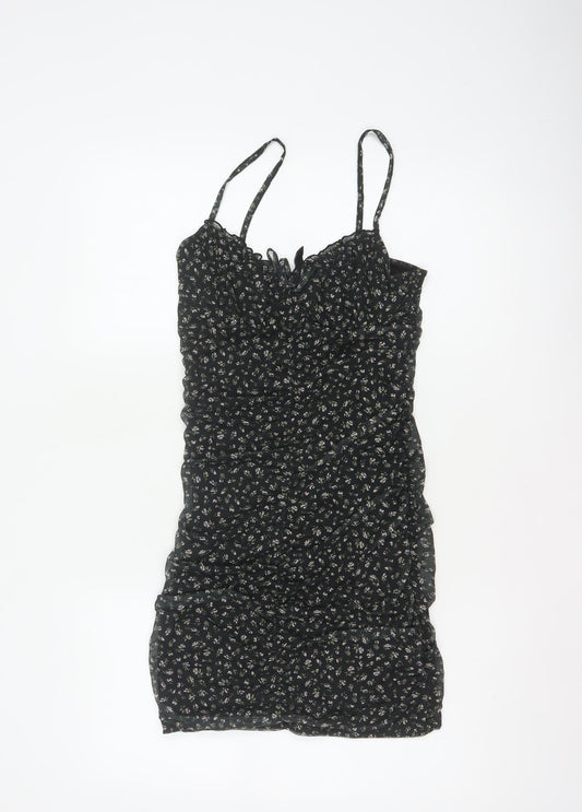 Divided H&M Women Black Floral S Ruched Bodycon Mini Dress