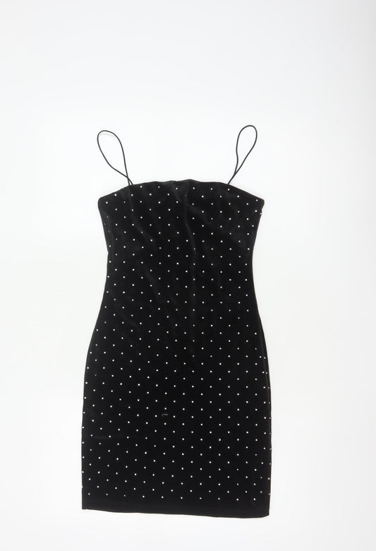 H&M Women Black XS Velvet Rhinestone Bodycon Knee Length Party Dress