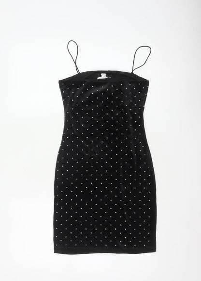 H&M Women Black XS Velvet Rhinestone Bodycon Knee Length Party Dress