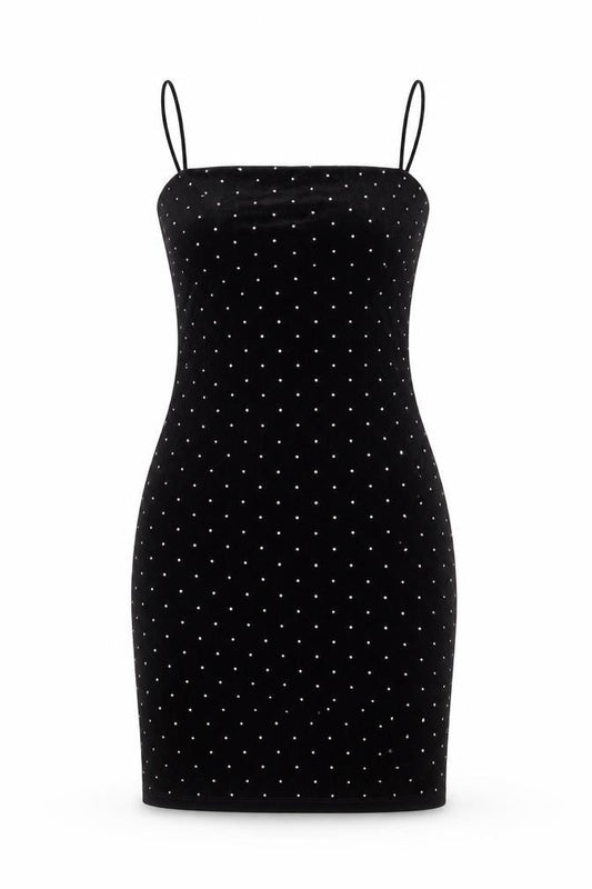 H&M Women Black XS Velvet Rhinestone Bodycon Knee Length Party Dress