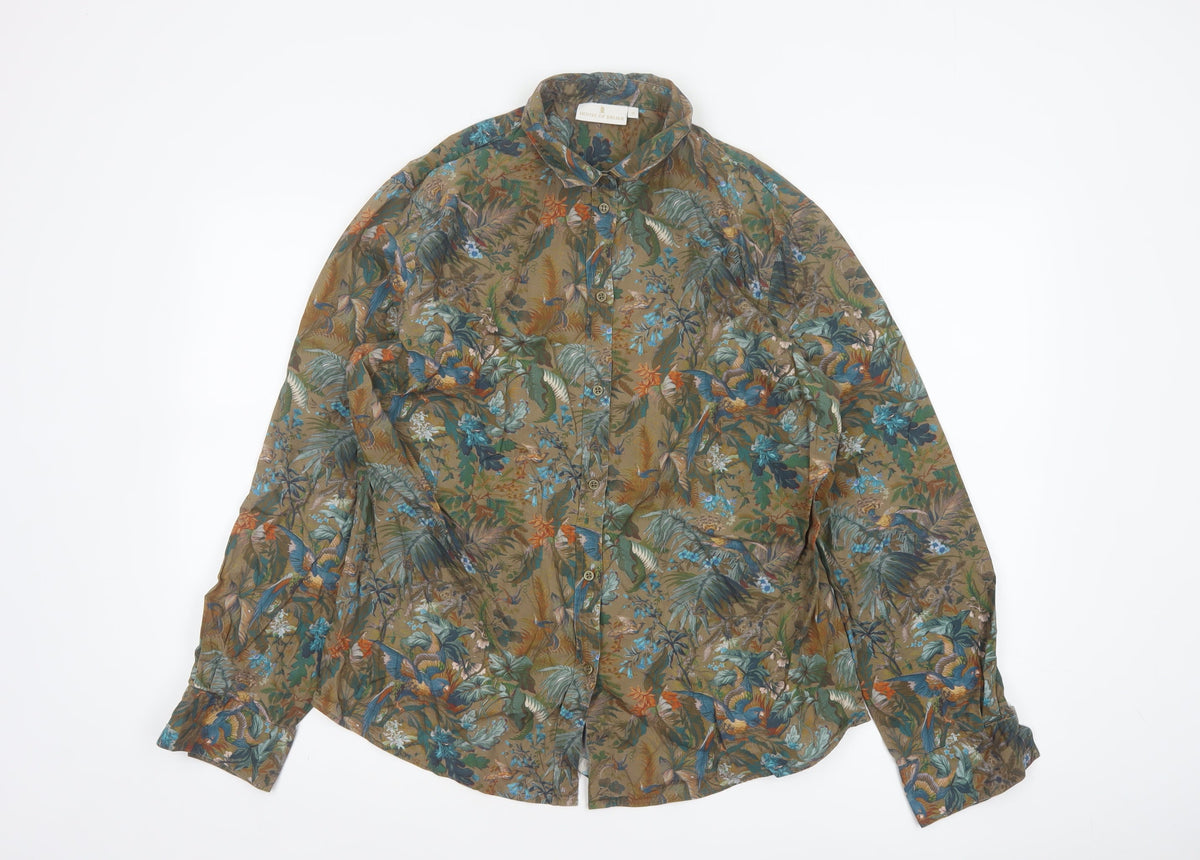 House of Bruar Women Brown UK 16 Basic Floral Bird Cotton Shirt